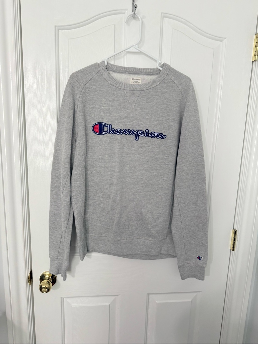 Champion Light Gray Crewneck with Navy & Red Script Logo